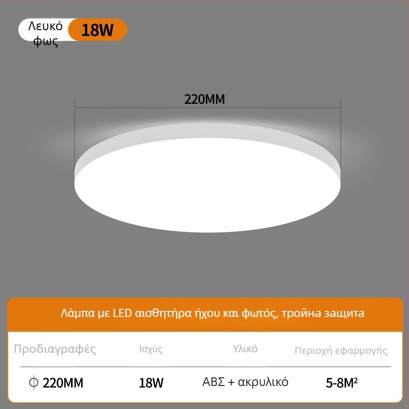 Οροφιακό φωτιστικό LED με αισθητήρα φωνής για διαδρόμους και σκάλες – 220V, κάλυψη 5-10 m², ανίχνευση κίνησης