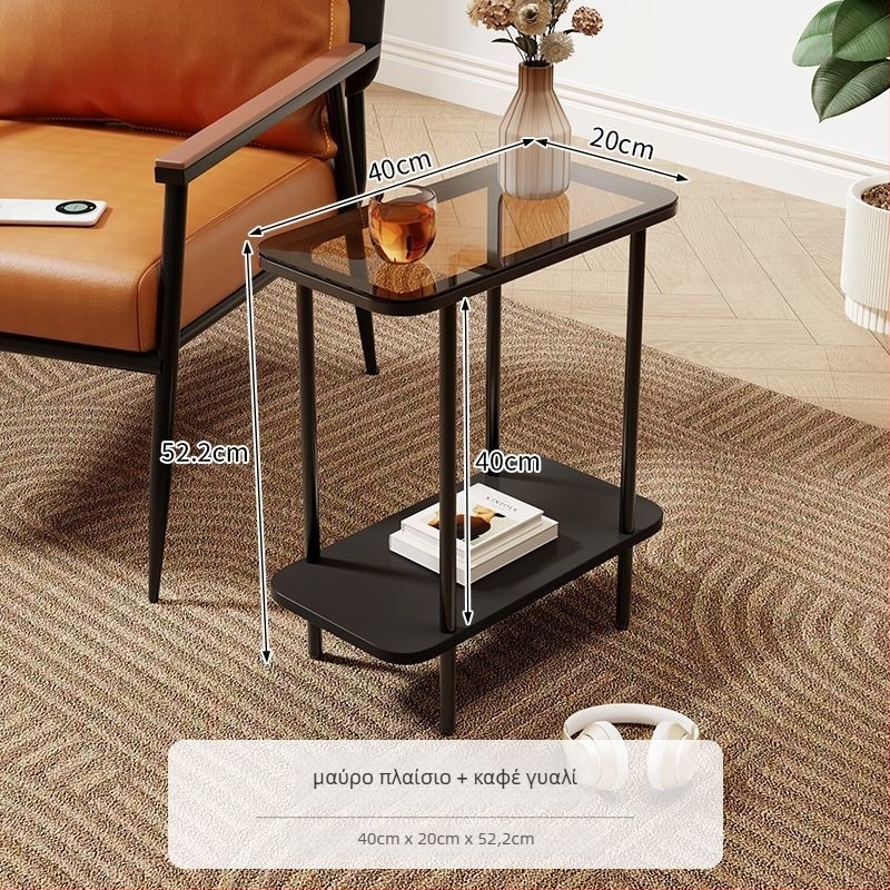Τραπεζάκι σαλονιού καφέ με ξύλινο πλαίσιο και γυάλινο επάνω μέρος, τετράγωνο σχήμα, με χώρο αποθήκευσης, σε στυλ φωτεινού πολυτελείας