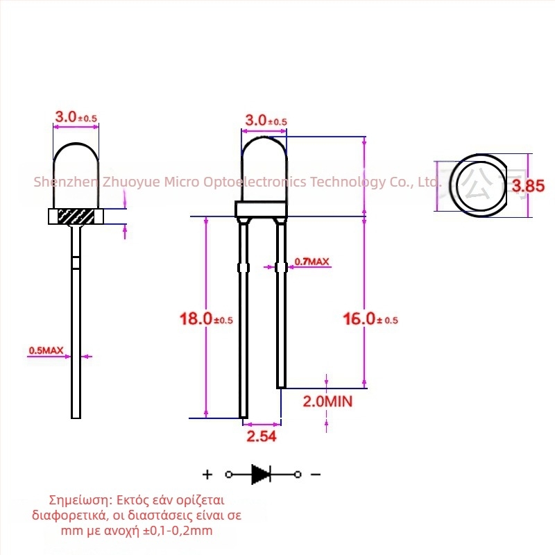 Δείκτης LED με άμεση σύνδεση, 20 mA, 1.8–2.2 V, 0.06 W, τσιπ Sanan, γωνία θέασης 30°