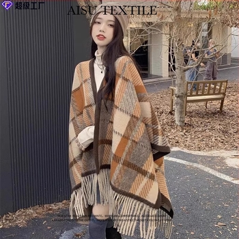 Γυναικεία εσάρπα ταξιδιού, καρό μοτίβο, πολυεστέρας, Jacquard πλέξη, ζεστή για φθινόπωρο-χειμώνα