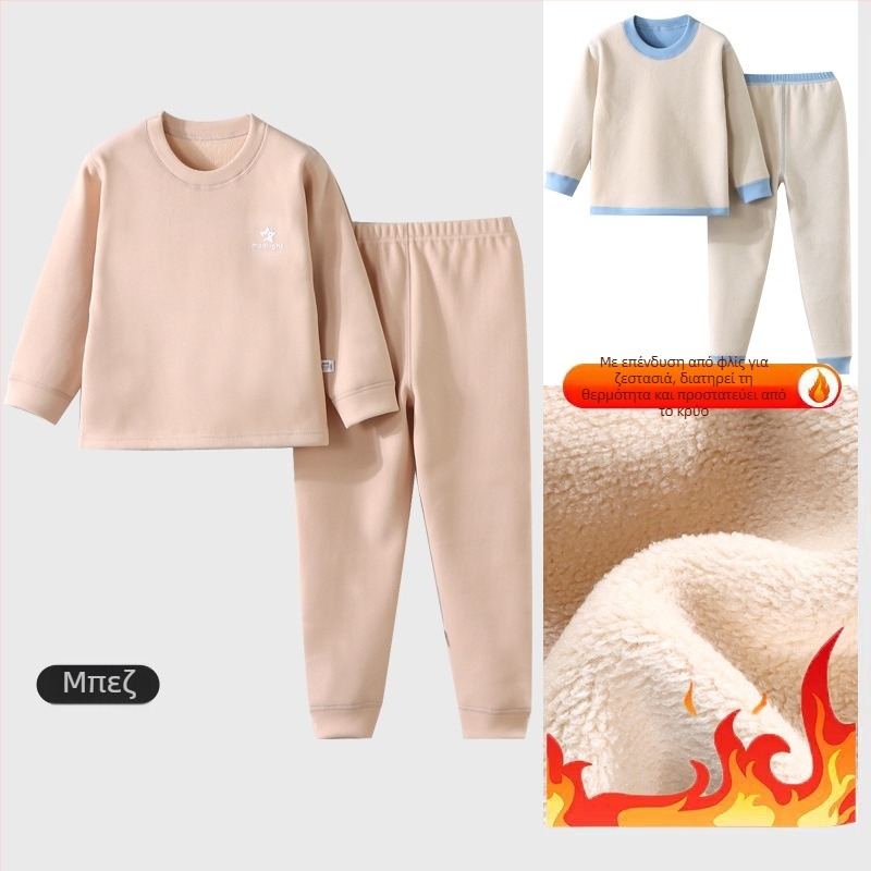 Σετ θερμικών εσωρούχων για παιδιά - Ao-grain βελουρ με επένδυση, παχιά φθινοπωρινών-χειμερινών πυτζάμες για παιδιά 3–8 ετών, λαιμόκοψη στρογγυλή