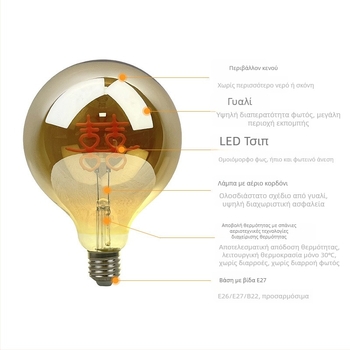Λάμπα Edison με βάση E27, νήμα βολσφαμίου, 220V, δέσμη 360°, CRI 80-90