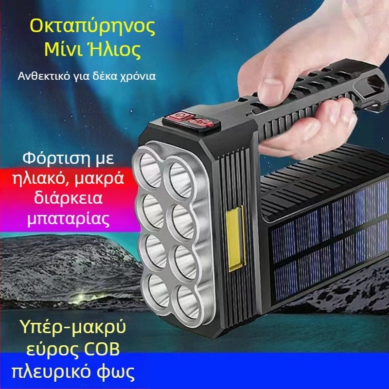 Φακός USB με ηλιακή επαναφόρτιση, υπερλαμπρός, ABS περίβλημα (20W, 4800 mAh, ηλιακή ενέργεια, πηγή φωτός Bulb+COB, εμβέλεια 200–500 m)