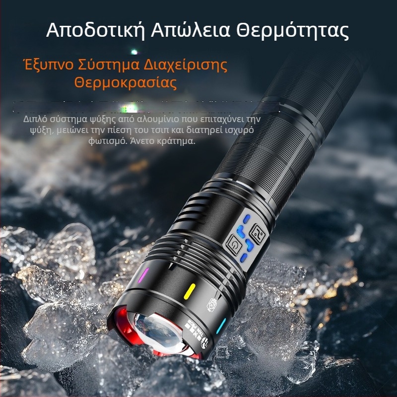 Φανάρι εξωτερικού χώρου από αλουμινένιο κράμα με λέιζερ – χωρητικότητα μπαταρίας 14400 mAh, εμβέλεια ≥500 m, διάρκεια λειτουργίας 8–10 ώρες