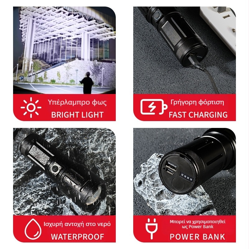 Φακός χειρός LED με εξαιρετικά φωτεινή δέσμη, 15W, 1500lm, εμβέλεια 1000m, μπαταρία 3×18650, IPX4