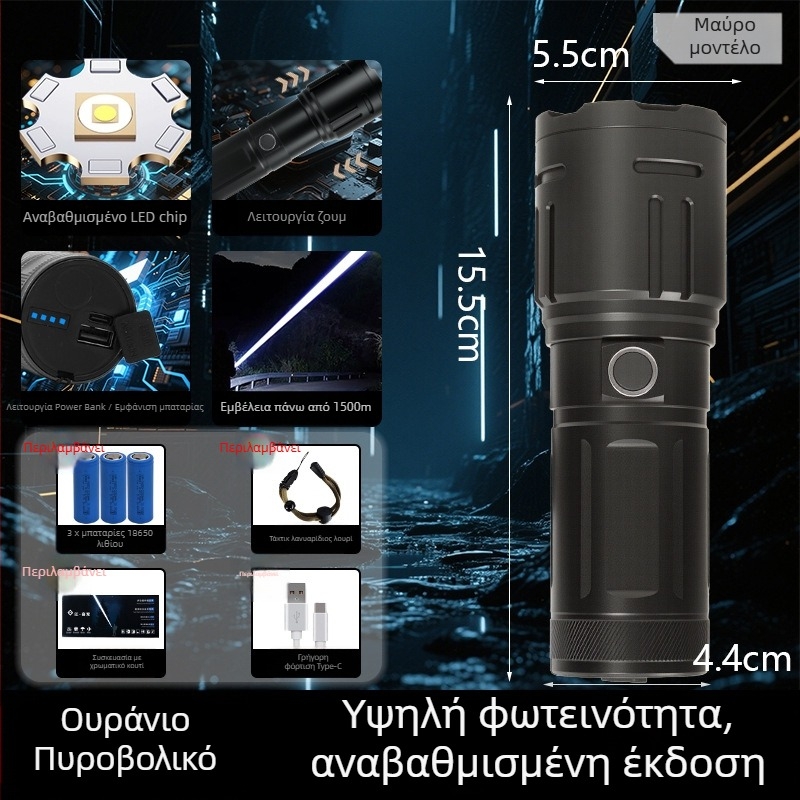 Φακός χειρός LED με εξαιρετικά φωτεινή δέσμη, 15W, 1500lm, εμβέλεια 1000m, μπαταρία 3×18650, IPX4