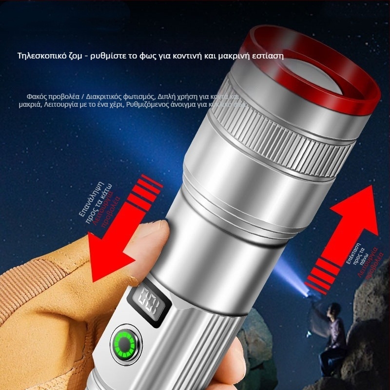 Φακός κατασκήνωσης με πυρακτώμενο λαμπτήρα, επαναφορτιζόμενος, διακόπτης με κουμπί