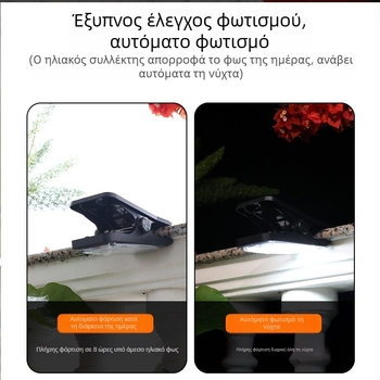 Ηλιακή κλιπ λάμπα με αισθητήρα κίνησης για εξωτερική χρήση – αδιάβροχη λάμπα τοίχου για φράχτες, λευκό/θερμό φως, 5W, 3.7V, 6–12 ώρες φωτισμού