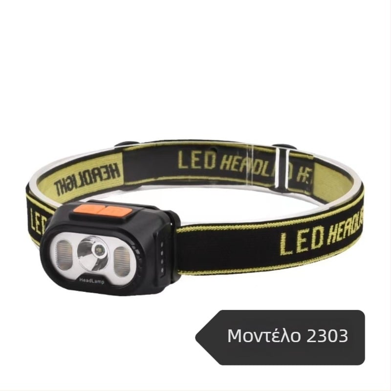 Κεφαλική λάμπα LED με διπλό φωτισμό, επαναφορτιζόμενη, φόρτιση Type-C, περιστροφή 360°, εμβέλεια 100–200 μέτρα, χειροκίνητη παραγωγή ενέργειας