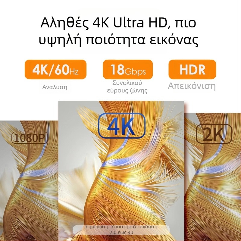 Καλώδιο HDMI 2.0, Συμβατό με 4K, Χαλκός αγωγός, Επαφές με επίχρυση επίστρωση, Για Τηλεόραση, Υπολογιστή, Set-top Box και Προβολέα