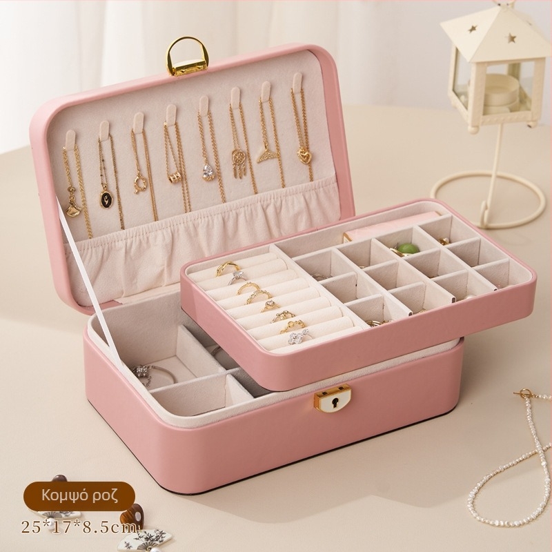 Δερμάτινο κουτί αποθήκευσης κοσμημάτων με δύο στρώσεις και κλειδαριά, αντιοξειδωτική επικάλυψη