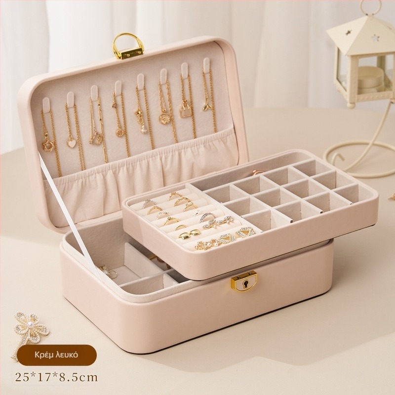 Δερμάτινο κουτί αποθήκευσης κοσμημάτων με δύο στρώσεις και κλειδαριά, αντιοξειδωτική επικάλυψη