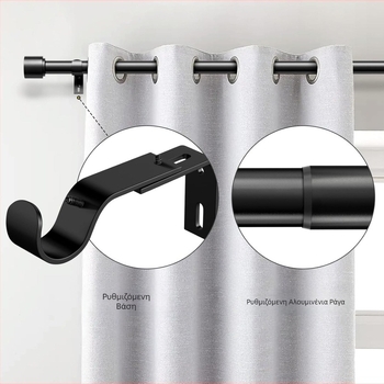 Κουρτινό ράβδος (Ρωμαϊκή ράβδος) – Μονή ράβδος, βιομηχανικού στυλ τροχός κουρτίνας, πλευρική και επάνω τοποθέτηση; Βάση: ρητίνη; Ράβδος: ανθρακούχος χάλυβας