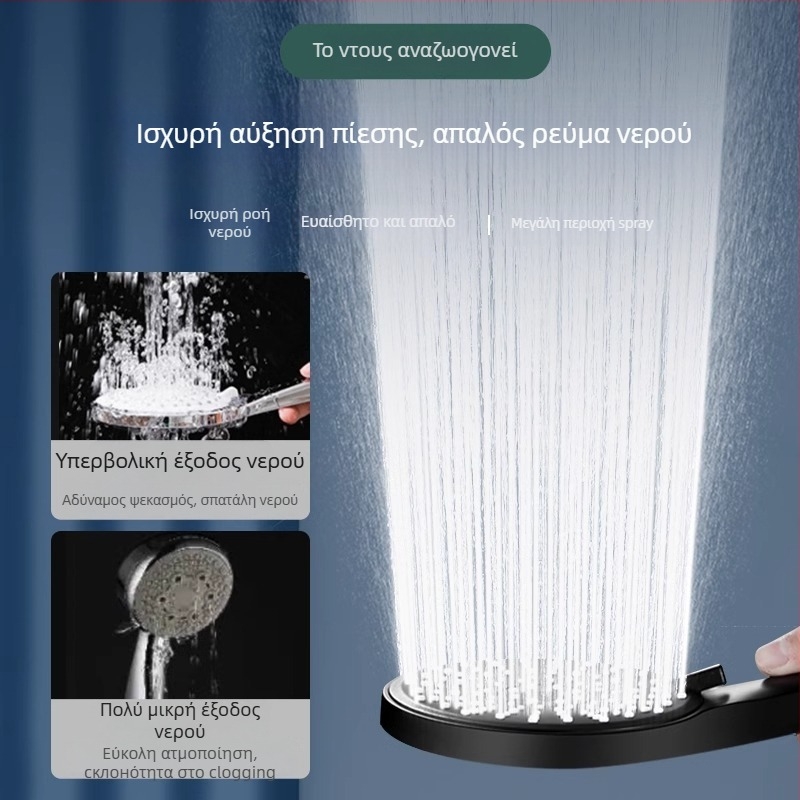 Κεφαλή ντους υπό πίεση, ρυθμιζόμενη σε πέντε ταχύτητες, μεγάλη οπή εξόδου και καθολική διεπαφή