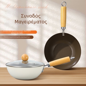 Wok από χάλυβα άνθρακα με πολυεπίπεδο πυθμένα, συμβατός με επαγωγή, χωρίς επίχρισμα, γυάλινο καπάκι