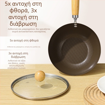 Wok από χάλυβα άνθρακα με πολυεπίπεδο πυθμένα, συμβατός με επαγωγή, χωρίς επίχρισμα, γυάλινο καπάκι