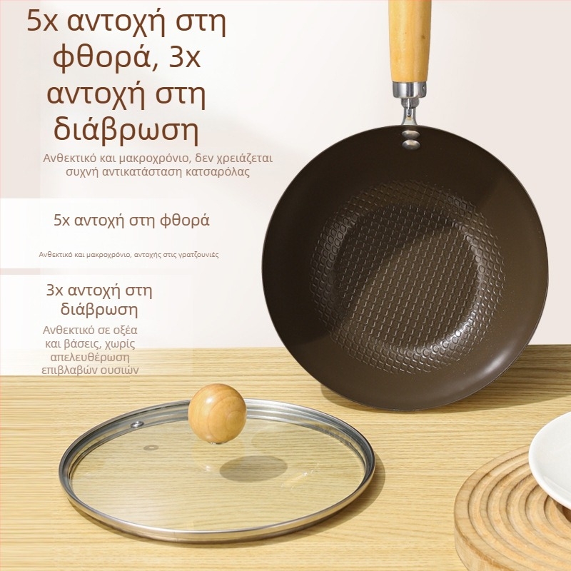 Wok από χάλυβα άνθρακα με πολυεπίπεδο πυθμένα, συμβατός με επαγωγή, χωρίς επίχρισμα, γυάλινο καπάκι