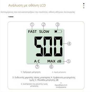 Φορητός ψηφιακός μετρητής θορύβου, εύρος 30–150 dB, ακρίβεια ±2.0 dB, ανάλυση 0.1 dB, θερμοκρασία λειτουργίας 0–40°C