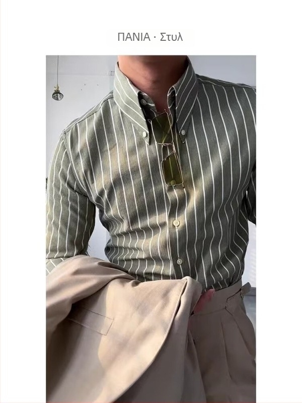 Πουκάμισο ριγέ με μακριά μανίκια, φαρδιά γραμμή, γιακά πέτο, αναπνεύσιμο πολυεστέρας