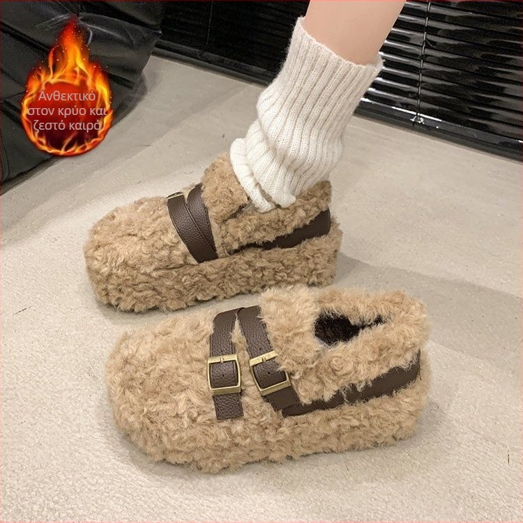 Γυναικεία γούνινα παπούτσια με παχιά σόλα, slip-on, πάνω μέρος από συνδυασμό υλικών, βαμβακερή επένδυση, καουτσούκ σόλα