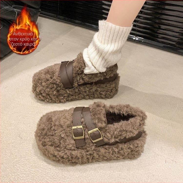 Γυναικεία γούνινα παπούτσια με παχιά σόλα, slip-on, πάνω μέρος από συνδυασμό υλικών, βαμβακερή επένδυση, καουτσούκ σόλα