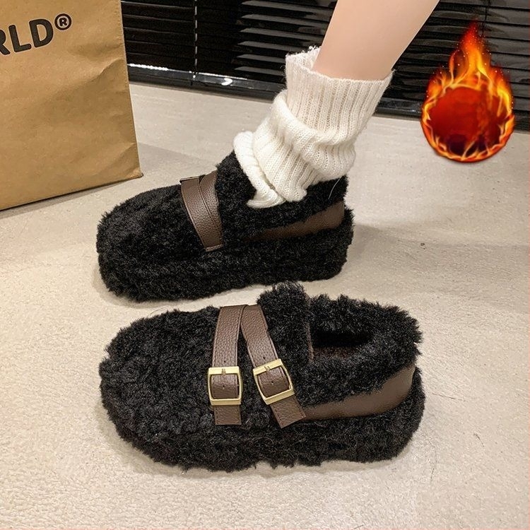 Γυναικεία γούνινα παπούτσια με παχιά σόλα, slip-on, πάνω μέρος από συνδυασμό υλικών, βαμβακερή επένδυση, καουτσούκ σόλα