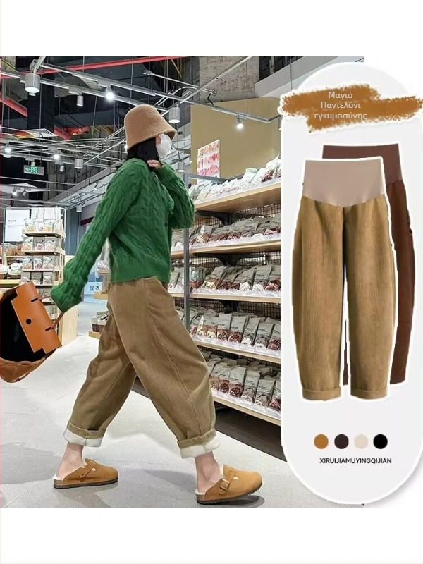 Παντελόνια εγκυμοσύνης για φθινόπωρο-χειμώνα, φαρδιά γραμμή με ψηλή μέση, στήριξη κοιλιάς, ίσια γραμμή, καθημερινά παντελόνια, ύφασμα πολυεστέρα-ελαστάν, παχιά υφή