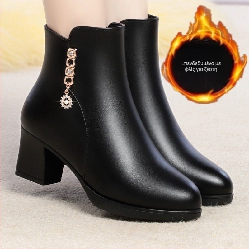 Γυναικεία μποτάκια αστραγάλης από PU δέρμα με επένδυση γούνας, πλαϊνό φερμουάρ, μυτερή μύτη, μεσαίο ύψος τακουνιού 3–5 cm, σόλα από καουτσούκ (Χειμώνας, ζεστά, ανθεκτικά, χαμηλός αστράγαλος)