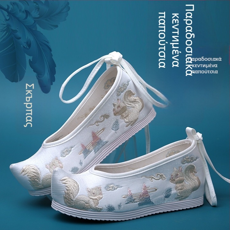 Hanfu γυναικείες υποδήματα, εσωτερική αύξηση ύψους, Ming στυλ, αρχαία κεντημένη φλοράλ ύφανση, επάνω Microfiber, μυτερό δάχτυλο, ψηλό επάνω μέρος, τακούνι 6–8 εκ