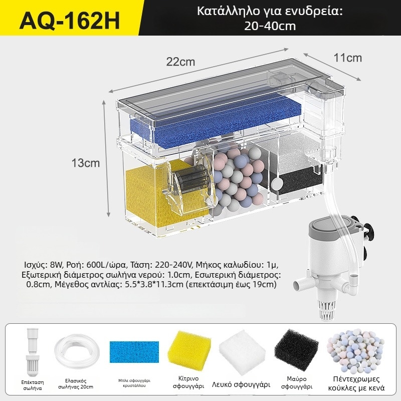 Επιτοίχιος φίλτρο ενυδρείου με κυκλοφορία, 3-σε-1 οξυγόνωση και καθαρισμό νερού, πλαστικό, Songbao 22222