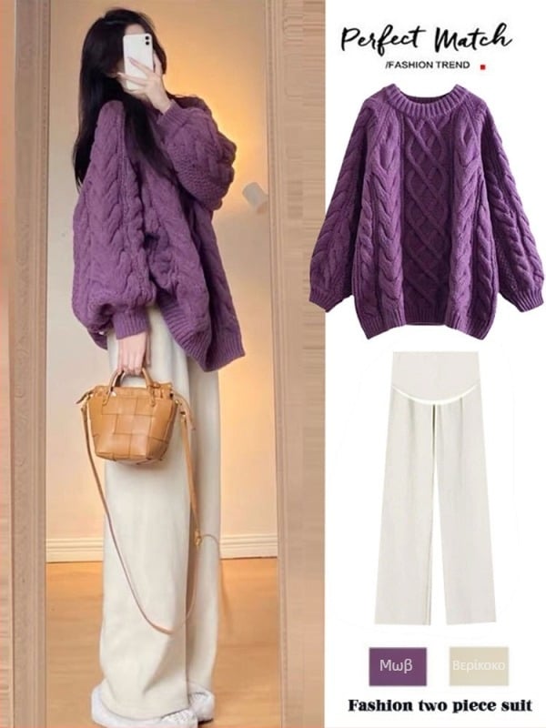 Σετ εγκύου δύο τεμαχίων: άνετο τοπ με φλίς και μακριά μανίκια, φαρδιά παντελόνια, ύφασμα συνθετικό πολυεστερ-βαμβάκι (70–80% πολυεστέρας, 20–30% βαμβάκι) — φθινόπωρο-χειμώνας 2025, στυλ ιαπωνο-κορεατικό