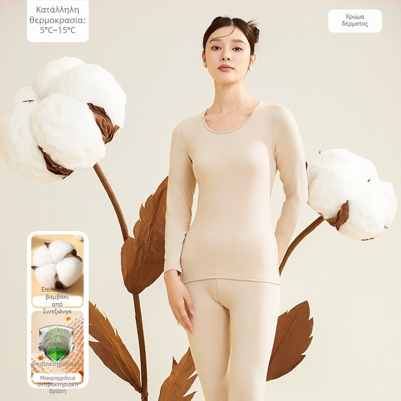 Γυναικείο σετ θερμικών εσωρούχων, 95% βαμβάκι, αντιβακτηριακό, στρογγυλός λαιμός, πουλόβερ πάνω