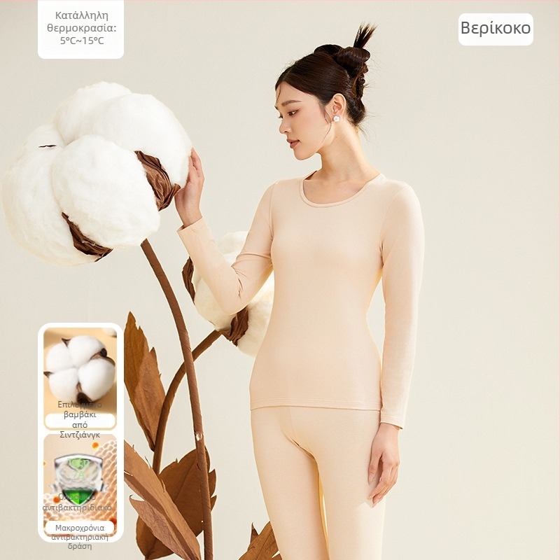 Γυναικείο σετ θερμικών εσωρούχων, 95% βαμβάκι, αντιβακτηριακό, στρογγυλός λαιμός, πουλόβερ πάνω