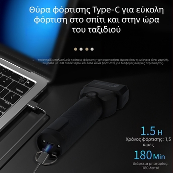 Ηλεκτρική ξυριστική μηχανή με μεταλλικό σώμα, κεφαλή με δύο λεπίδες σε ανάστροφη κίνηση, πλενόμενη κεφαλή, ενσωματωμένη μπαταρία 500–800 mAh, αυτονομία πάνω από 60 λεπτά, επαναφορτιζόμενη
