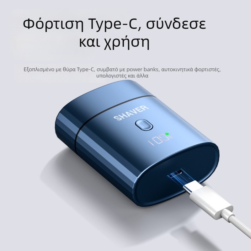 Ηλεκτρικό ξυριστικό με πλωτή κεφαλή, περιστρεφόμενη κεφαλή με δύο λεπίδες, αποσπώμενη και πλενόμενη κεφαλή κοπής, ενσωματωμένη επαναφορτιζόμενη μπαταρία 300–500 mAh, αυτονομία 45–60 λεπτών