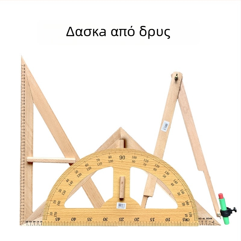 Ξύλινο σετ τρίγωνου χάρακα με protractor και compasses για εκπαίδευση; εξαρτήματα: protractor, triangle ruler, compasses; Υλικό: ξύλο; Βάρη: protractor 275 g, triangle 530 g, compasses 225 g; Συσκευασία: 50 τεμάχια