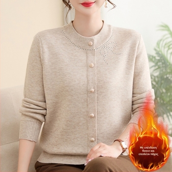 Πλεκτό γυναικείο πουλόβερ με κουκούλα για μεσήλικες και ηλικιωμένες, φλίς εσωτερική επένδυση, στρογγυλός λαιμός, μακριά μανίκια, χαλαρή γραμμή, μοτίβο φιόγκος, πολυεστερικό ύφασμα 80–90%, Χειμώνας 2025