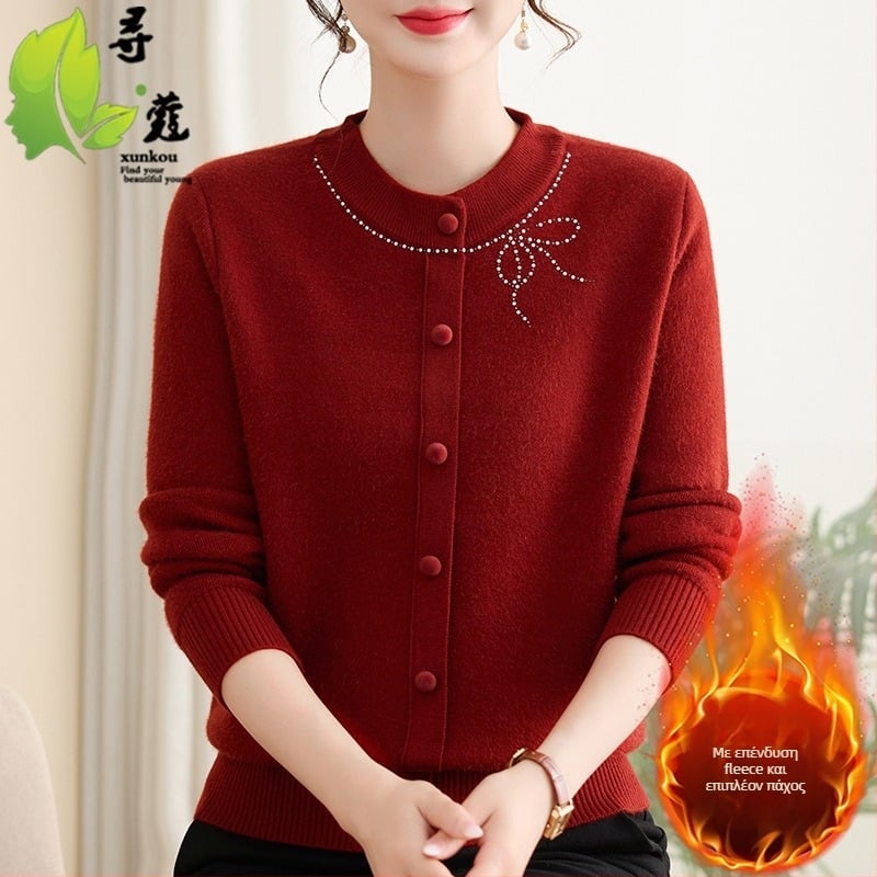 Πλεκτό γυναικείο πουλόβερ με κουκούλα για μεσήλικες και ηλικιωμένες, φλίς εσωτερική επένδυση, στρογγυλός λαιμός, μακριά μανίκια, χαλαρή γραμμή, μοτίβο φιόγκος, πολυεστερικό ύφασμα 80–90%, Χειμώνας 2025