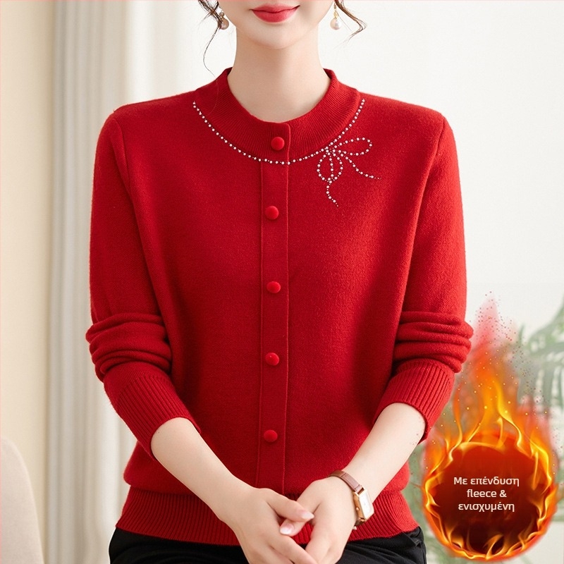 Πλεκτό γυναικείο πουλόβερ με κουκούλα για μεσήλικες και ηλικιωμένες, φλίς εσωτερική επένδυση, στρογγυλός λαιμός, μακριά μανίκια, χαλαρή γραμμή, μοτίβο φιόγκος, πολυεστερικό ύφασμα 80–90%, Χειμώνας 2025