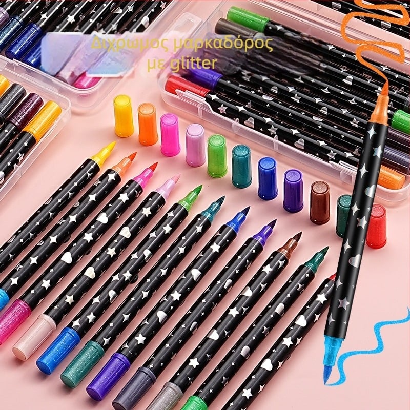Σετ μαρκαδόρων με διπλό άκρο και γκλίτερ για τέχνη και γκραφίτι – δυνατότητα υδατοχρωμάτων