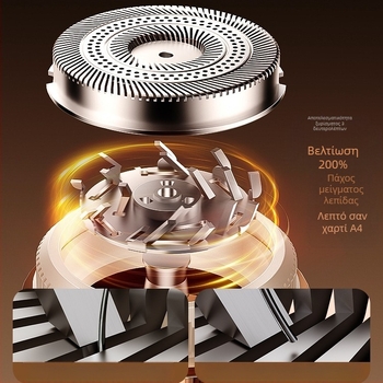 Ανδρικό ηλεκτρικό ξυριστικό με κινητήρα χωρίς ψήκτρες, κεφαλή με τρεις δακτυλίους και 18 λεπίδες, USB‑C γρήγορη φόρτιση, ενσωματωμένη μπαταρία 500–800 mAh, αυτονομία άνω των 60 λεπτών