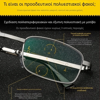 Αναδιπλόμενα προοδευτικά πολυεστιακά γυαλιά για πρεσβυοπία με φωτοχρωμικούς φακούς, προστασία από το μπλε φως και ασφαιρικούς φακούς