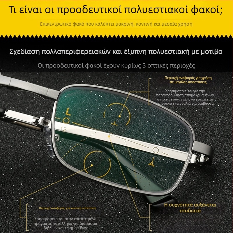 Αναδιπλόμενα προοδευτικά πολυεστιακά γυαλιά για πρεσβυοπία με φωτοχρωμικούς φακούς, προστασία από το μπλε φως και ασφαιρικούς φακούς