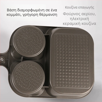 Τρία σε ένα τηγάνι πρωινού — Αλουμίνιο, Αντικολλητικό, Πολύστρωτο κάτω μέρος, Κατάλληλο για ομελέτες, αυγά και μπριζόλα, Συμβατό με όλες τις εστίες