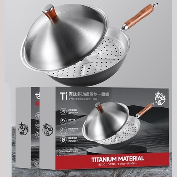 Wok από σίδηρο υψηλής ποιότητας, δυτικού τύπου, χωρίς επίστρωση, με μονή βάση, καπάκι από ανοξείδωτο ατσάλι