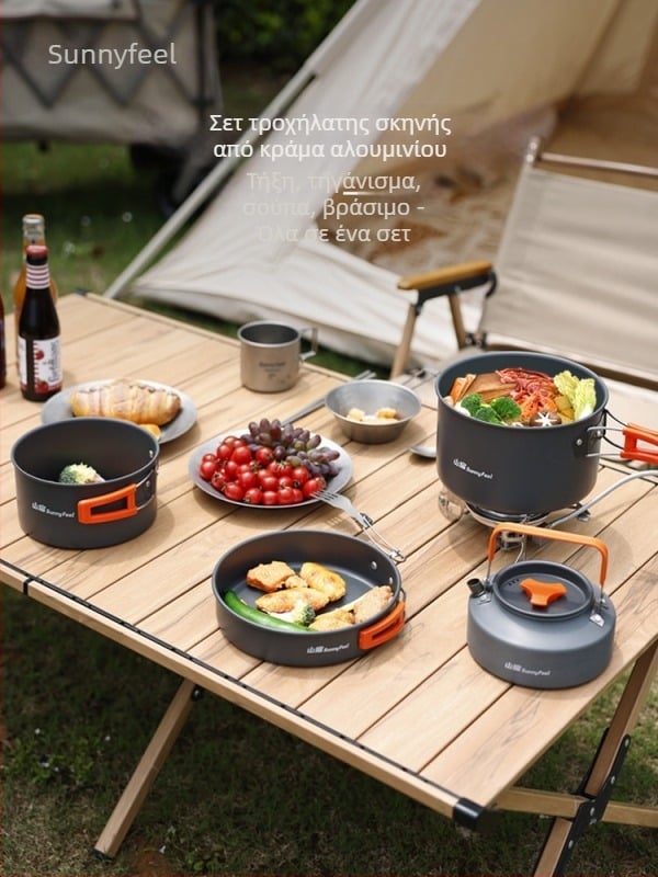 Σετ μαγειρικά σκεύη για κάμπινγκ (4 τεμάχια) – Αλουμινίου κράμα, περιλαμβάνει βραστήρα, μεγάλο κατσαρολάκι, μεσαίο κατσαρολάκι και τηγάνι; Φορητό, Πολύ ελαφρύ, Για 4–7 άτομα