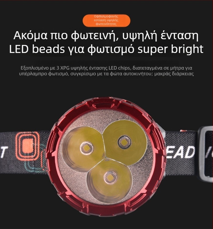Αναφορτιζόμενος LED φακός κεφαλής, μοντέλο 208-3, δέσμη 50 m, αυτονομία 3 ώρες