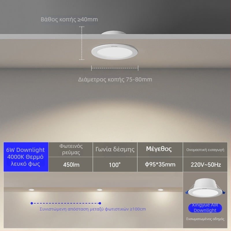 LED ενσωματωμένο οροφής downlight, κρυφή εγκατάσταση, 220V, CRI 80–89, περίβλημα από χάλυβα ψυχρής έλασης, 3C πιστοποίηση 2020011001289084