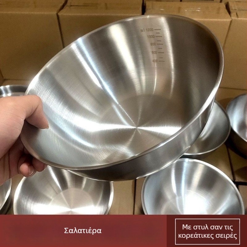 Δοχείο από ανοξείδωτο χάλυβα με ενσωματωμένη κλίμακα για πλύσιμο λαχανικών και ζύμωμα ζύμης — κυκλικό μπολ κουζίνας με βουρτσισμένη επιφάνεια