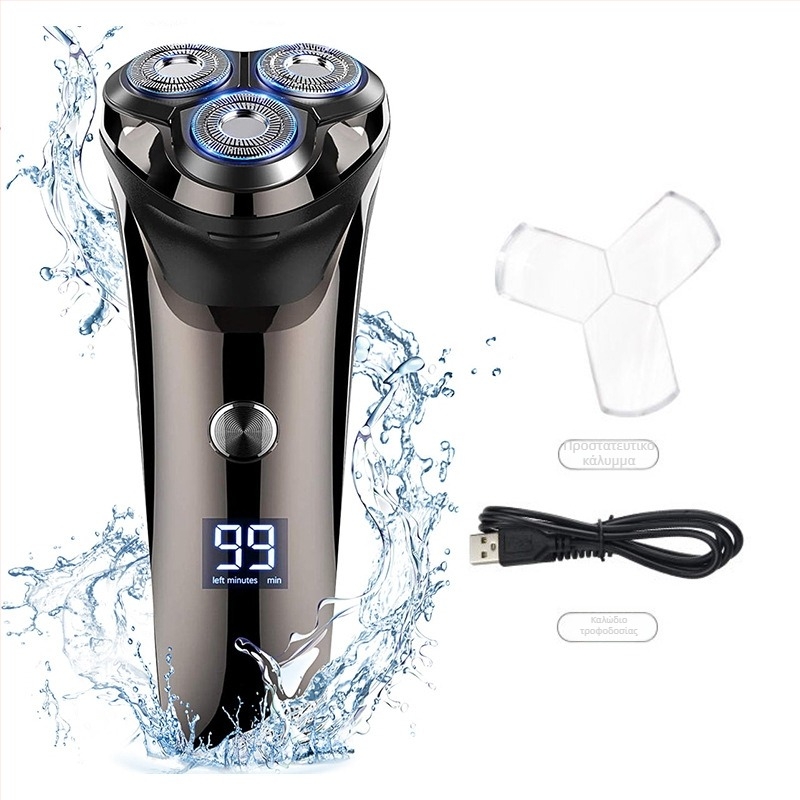 Ηλεκτρική ξυριστική μηχανή σώματος με αποσπώμενο, πλυσιμό κεφάλι; διπλή επαναλαμβανόμενη λεπίδα; IPX7 αδιάβροχη; ενσωματωμένη μπαταρία 500–800 mAh; ισχύς 5W; αυτονομία 30–45 λεπτά